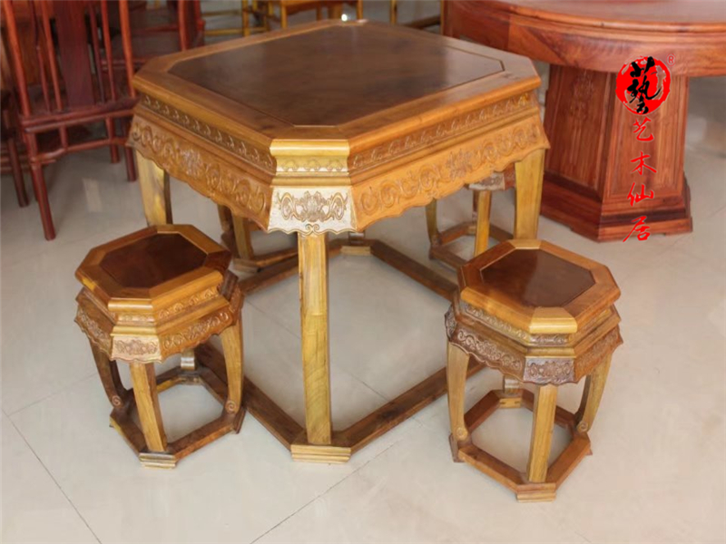 Red Wood Furniture Golden Silk Nanwood Casual Table Hexagon Table 5 Pieces Small Leaves and Nangmu Qingstyle Home innate