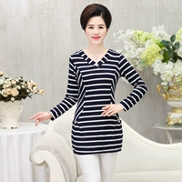 Phụ nữ trung niên mùa thu áo thun sọc mới nữ dài tay cỡ lớn đã được mẹ gầy tải áo cotton đáy dài áo khoác nữ trung niên cao cấp