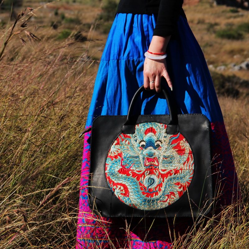 Cloud decoration totem original design women's bag Ethnic wind Late Qing old embroidery Tuanlong Leather handbag Wild women's leather bag