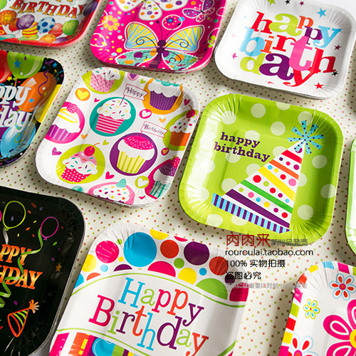 Party Plate Children Birthday 7 Inch Color Cake Paper Tray Birthday Party Dinner Plate Square Dinner Plate (10 only)