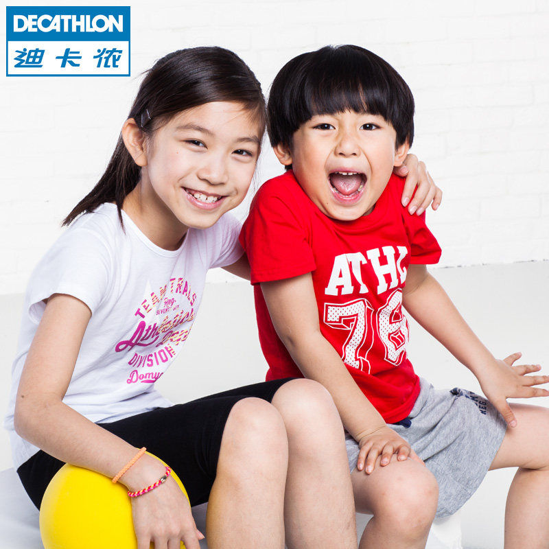迪卡侬儿童短袖T恤青少年夏男女童运动纯棉圆领打底衫DOMYOS KDB
