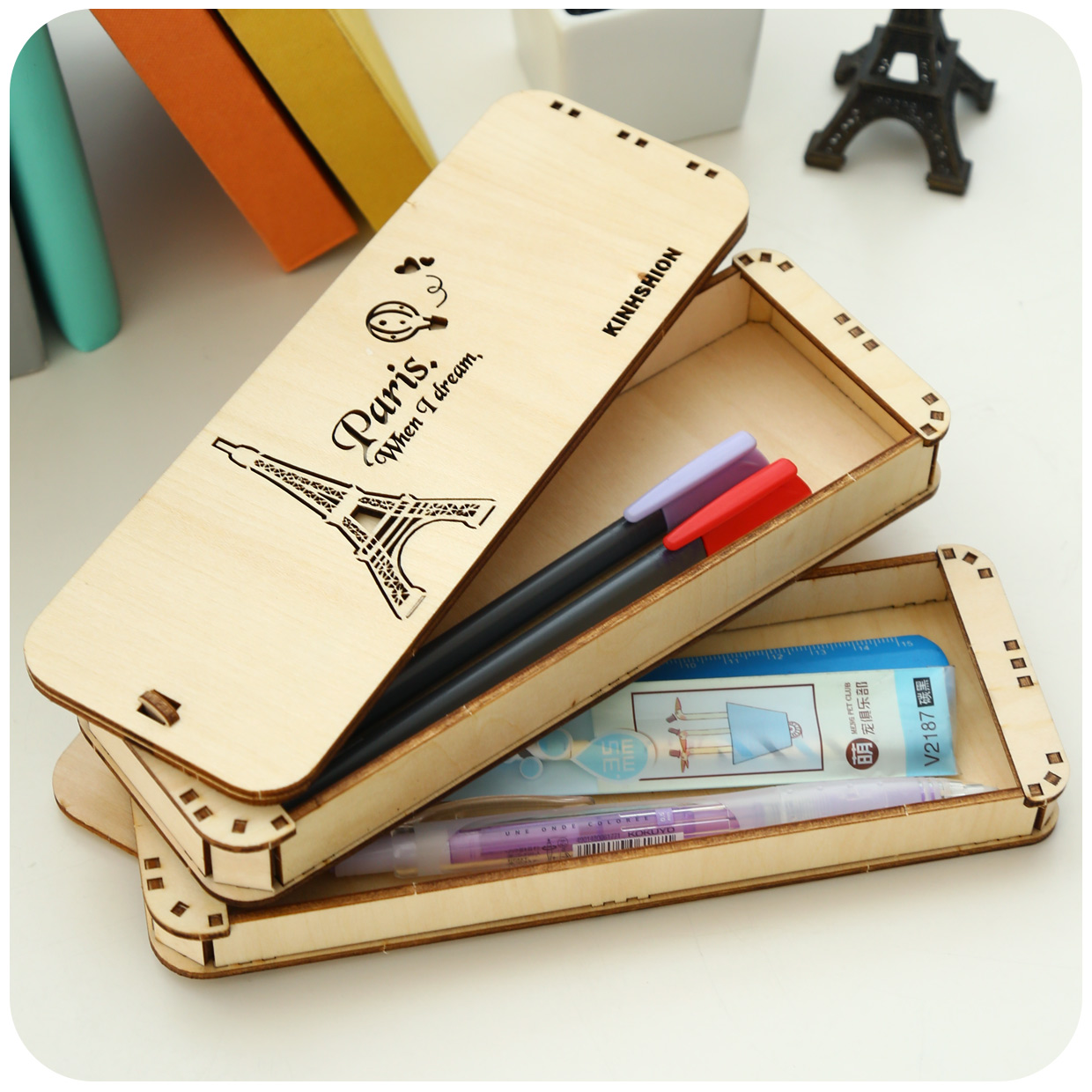 Creative elementary school children boy and girl wooden pencil box Japan Korea multi - function stationery box pencil bag learning supplies