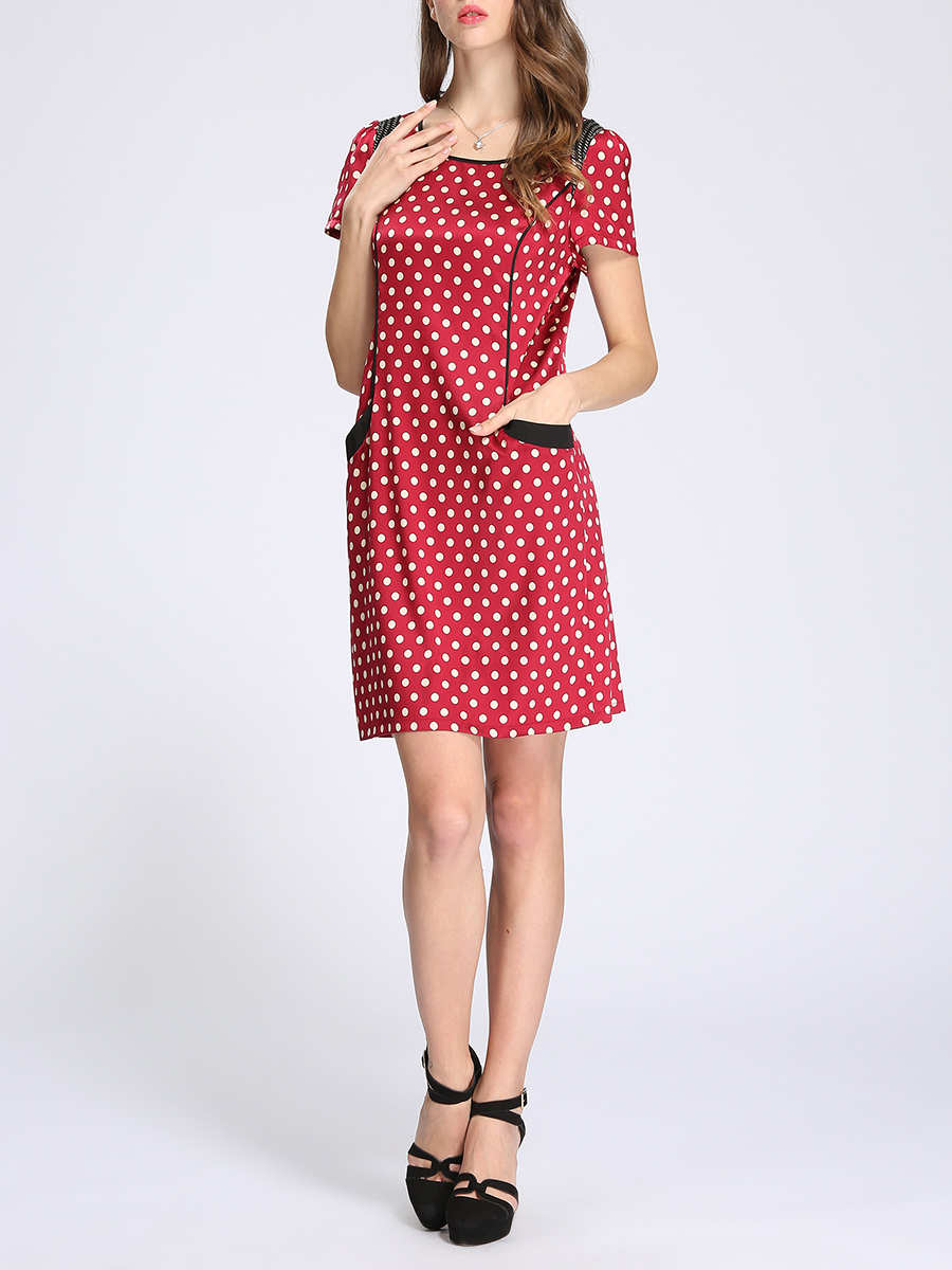 THEOPHILE 红色波点钉珠饰短袖桑蚕丝连衣裙