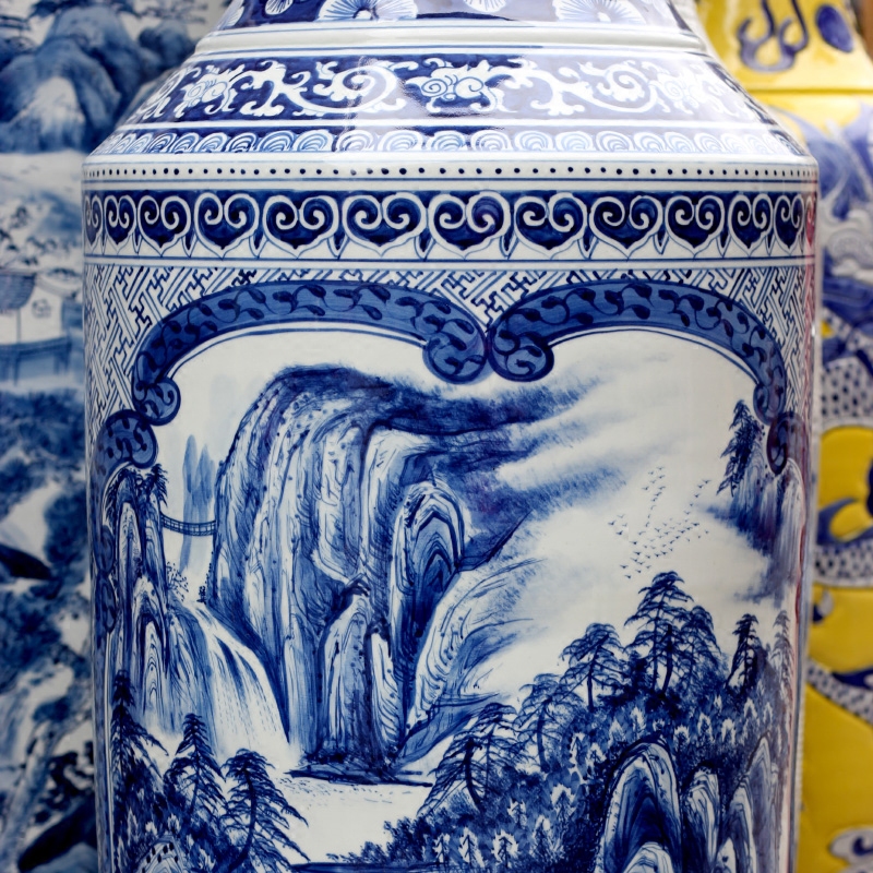 Jingdezhen blue and white porcelain painting landscape painting ceramic sitting room of large vase household furnishing articles ornaments store hall