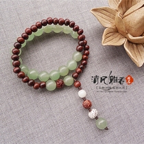 Original double layer bracelet female green tangling jade crystal leaflet rosewood lotus red acid branch retro ethnic wind hand string