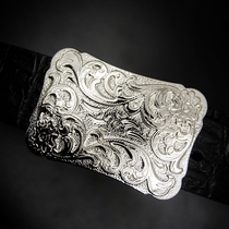 Ethnic vintage plated antique silver Sheridan Tang grass ancient style belt Chinese style belt handmade first layer cowhide belt