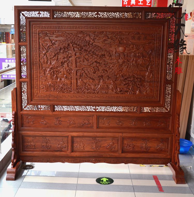 Red Wood Furniture Home Screen Flowers Pear Wood Floor Screen Double Face Carved flower Swap-screen solid wood Hyun Guan Partition Sit Screen