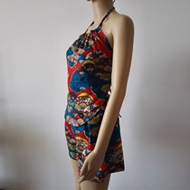 Ladies sexy bellyband warm retro folding fan print pattern cotton linen home pajamas belly set pajamas