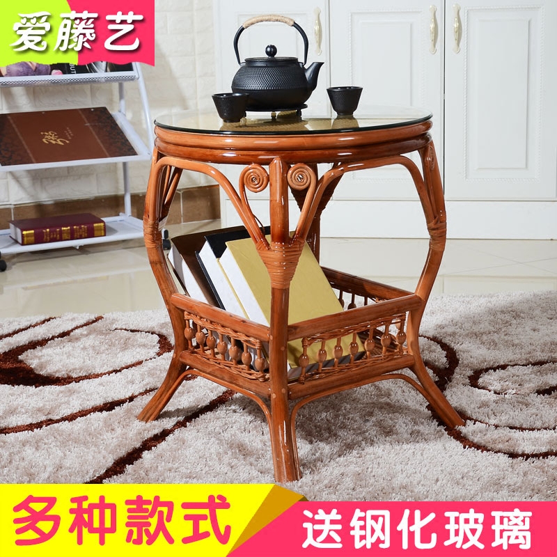 Real rattan coffee table three-piece set hand-woven rotating balcony chair round tea table coffee table tempered glass five-piece set - Taobao