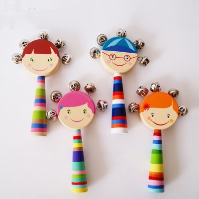 Orff musical instrument wooden cartoon smiley face doll rattle baby toy 0-1 year old hand grabbing bell baby early education