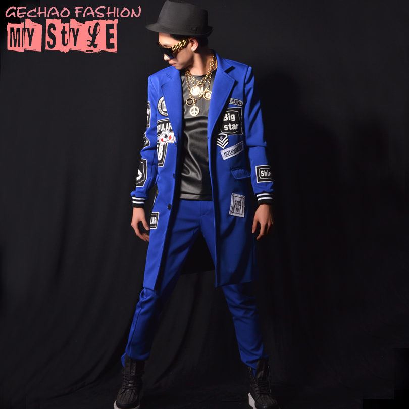 Exclusive] nightclub male singer DSDJ Quan Zhilong GD blue cloth patch stitching big-name bar performance costume accessories