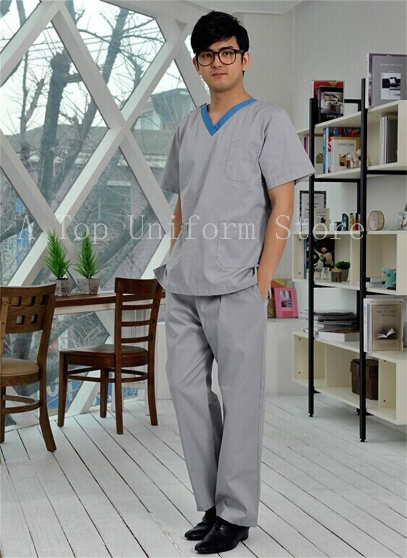 Korean Version Dental V Collar Health Care Oral Hand Wash Suit Male Doctor Pure Cotton Short Sleeve Two-piece Working Great Coat Grey