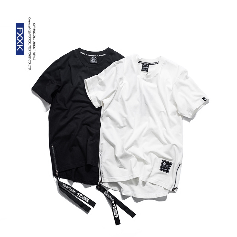 原创潮牌欧美高街拉链半袖男短袖纯色打底衫圆弧下摆加长款T恤