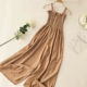 Váy dài bãi biển hè 2018 mới xếp li ống tai bằng gỗ trang trí nút cao eo thon cao chân rộng quai jumpsuit 	váy tôn eo	 Váy eo cao