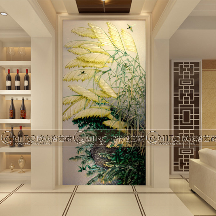 Natural Scenery Decoration Art Glass Starter Genguan TV Background Wall Engraving Colored Drawing Craft Bird Reeds