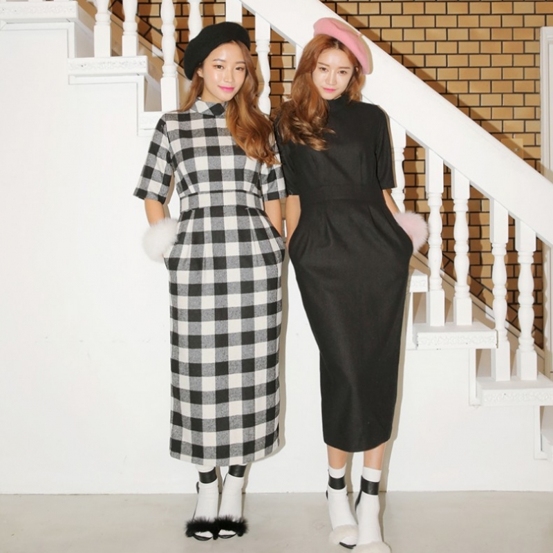 韩国stylenanda官方正品 优雅风褶裥拼接纯色长款连衣裙-黑色