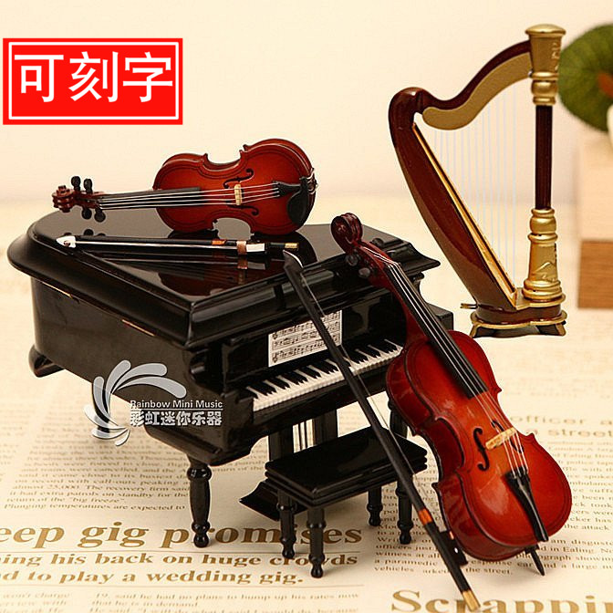 Lettering Wooden music box Wooden piano music box Harp violin Cello model decoration Birthday gift