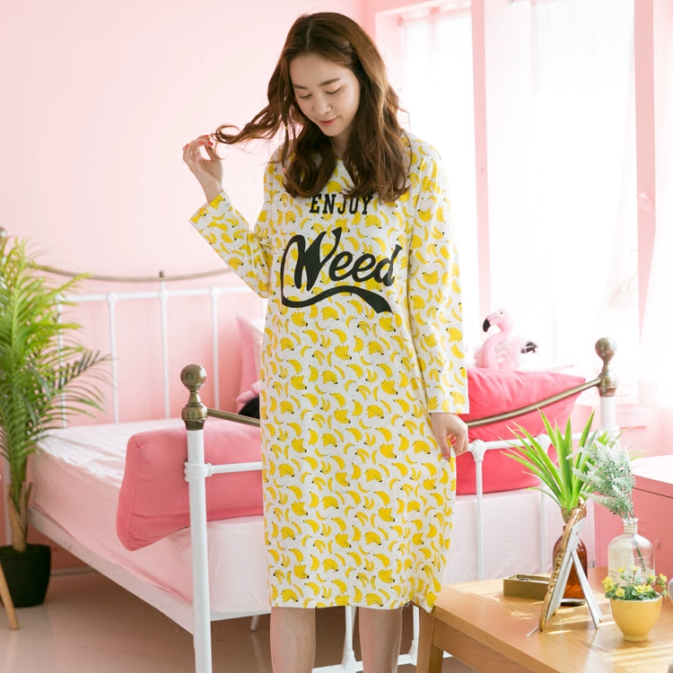 Bộ đồ ngủ dài tay của phụ nữ Hàn Quốc cho mùa thu và mùa đông cotton mỏng và bộ đồ ngủ cotton dài thường mặc nhà mùa đông của phụ nữ - Đêm đầm