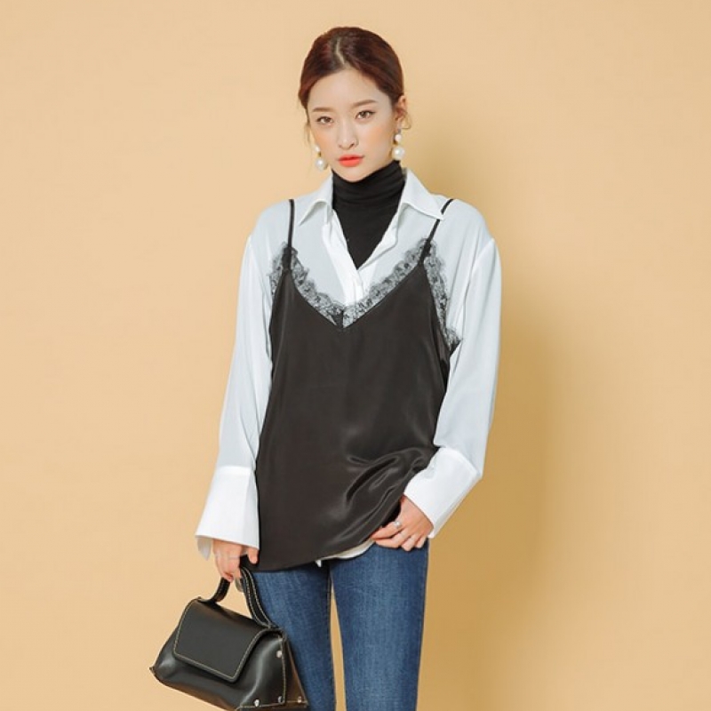 韩国stylenanda官方正品 唯美蕾丝拼接光泽感吊带式背心-黑色