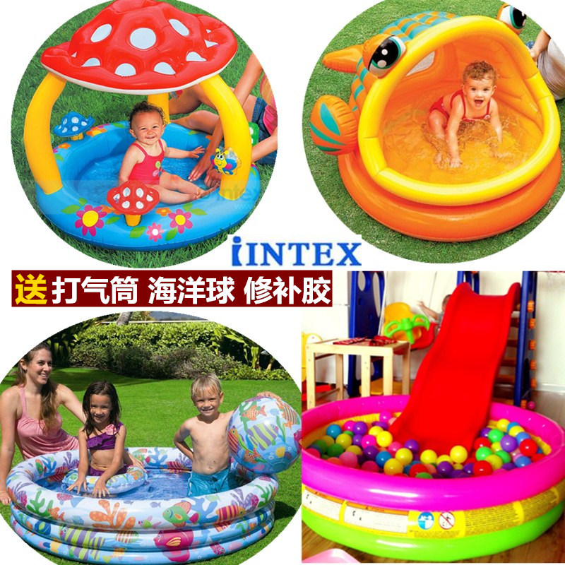 INTEX children's paddling pool Inflatable thickened home swimming fishing sand pool slide playground Ocean ball pool Indoor