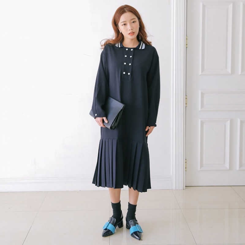 韩国stylenanda官方正品 箱褶摆and配色翻领连衣裙