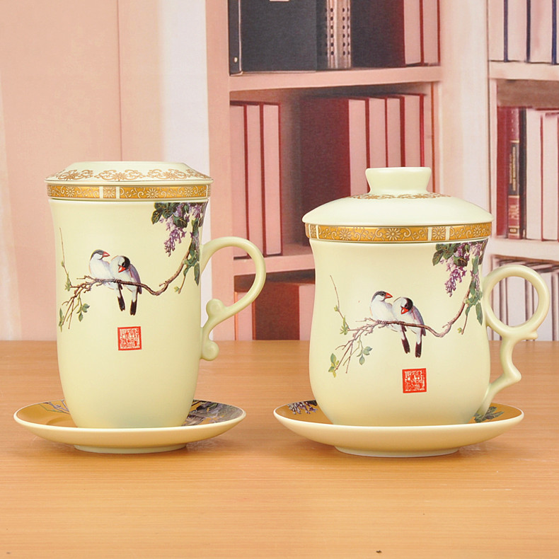 Mud of jingdezhen ceramic four - piece cup inferior smooth glaze teacup couples cup with leaking cup plate glass