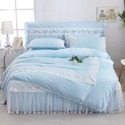 Hàn Quốc công chúa ren giường váy phong cách bedspread denim quả bóng màu ren quilt giường đặt mảnh bộ 1.8m - Bộ đồ giường bốn mảnh