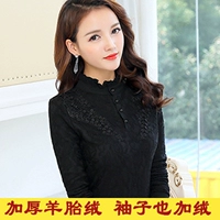Mùa thu đông mới áo sơ mi nữ ren cộng với áo nhung dày áo sơ mi nữ tay dài áo sơ mi ngắn đoạn ấm nhỏ áo phông trơn