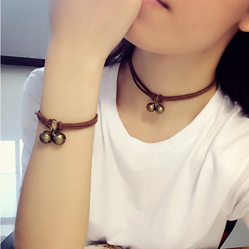 Minimalist 100 lap lady original juku fresh double layer leather rope Necklace Temperament Double Bell Pendant Short lock bone chain Handout
