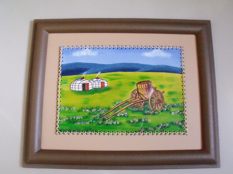 Mongolian craft gift decoration Mongolian Mongolian cowhide painting decorative painting leather handmade 34*42cm small Lele car