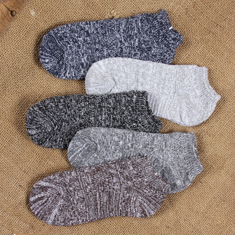 Men's Harajuku Short Socks, All-Cotton, Odor-Resistant, Thick Knit, Ethnic Style Socks, Vintage Boat Socks, Five Pairs Mixed Pack
