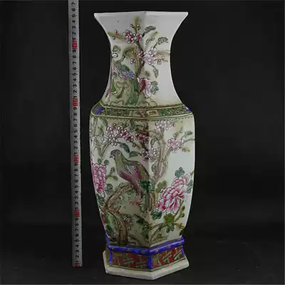 Qing Daoguang heavy industry pastel flower and bird pattern hexagonal insert bottle Cultural Revolution imitation Qing Dynasty vase ancient porcelain collection antique