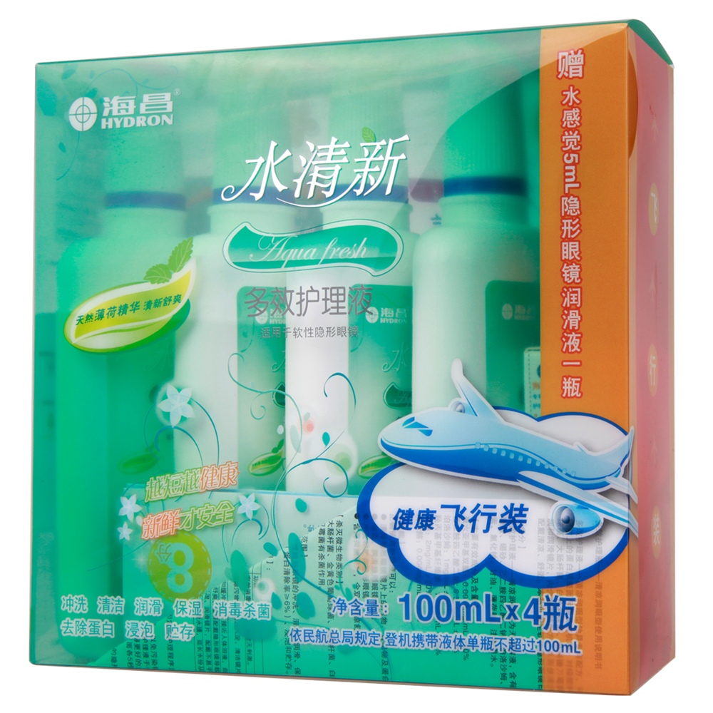 海昌水清新多效近视隐形眼镜美瞳护理液4*100ML送水感觉润眼液5ml