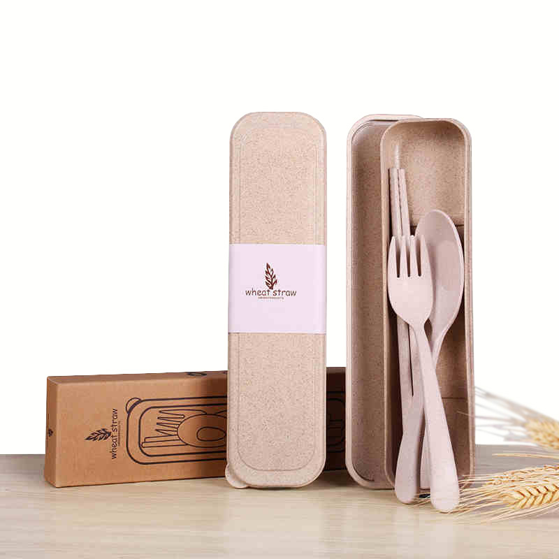 Environmentally friendly degradable wheat cutlery set creative student portable travel chopsticks spoon fork three-piece set