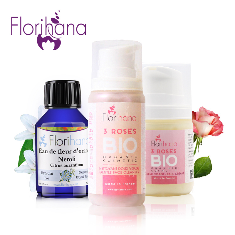 Florihana三玫瑰面霜50ml 三玫瑰洁面100ml 橙花纯露100ml 套装