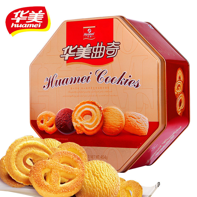 【天猫超市】华美 曲奇饼干454g 八角铁盒早餐糕点休闲办公零食%#