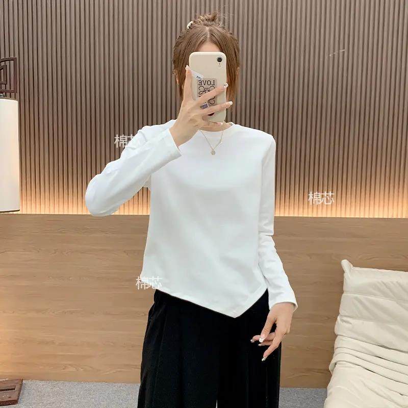 2023 new inverted triangle downswing T-shirt woman Han z version double face suede round collar plus suede thickened long sleeve 100 hitch bottom shirt-Taobao