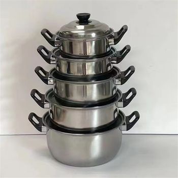 Stainless steel ten-piece pot set with wood grain handle soup pot combination kitchen cooking pot 10pcs pot set