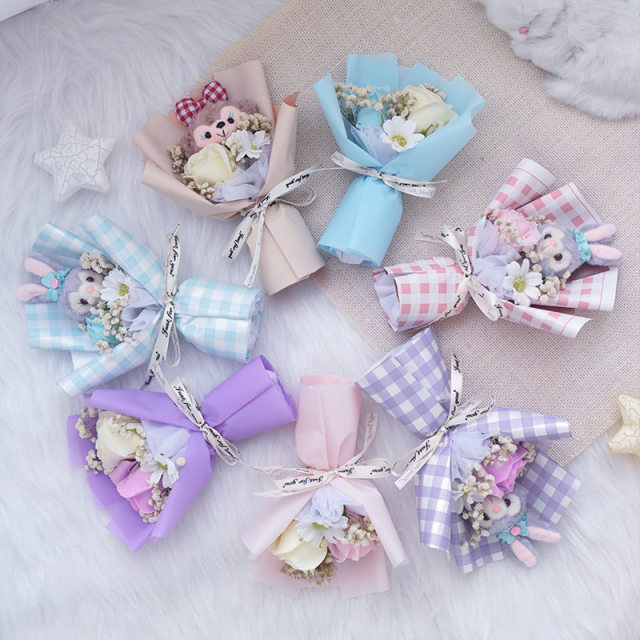 ຂ້າມຊາຍແດນແບບໃຫມ່ Xingdailu doll doll bear bouquet roses in the sky I star dry flower gift for girl Creative Seven