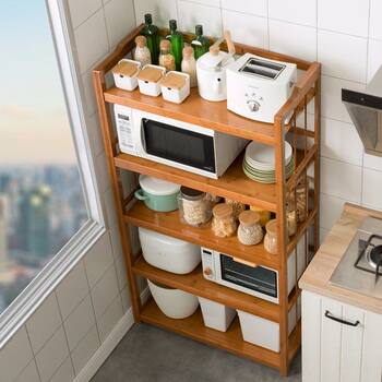 Kitchen storage rack floor-standing multi-layer microwave oven rack balcony living room storage rack bamboo bathroom storage rack solid wood