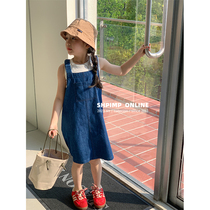 Girls Summer Thin C Versatile Denim Suspender Skirt Childrens Korean Style Casual Skirt Big Children Girls Over-the-Knee Long Skirt