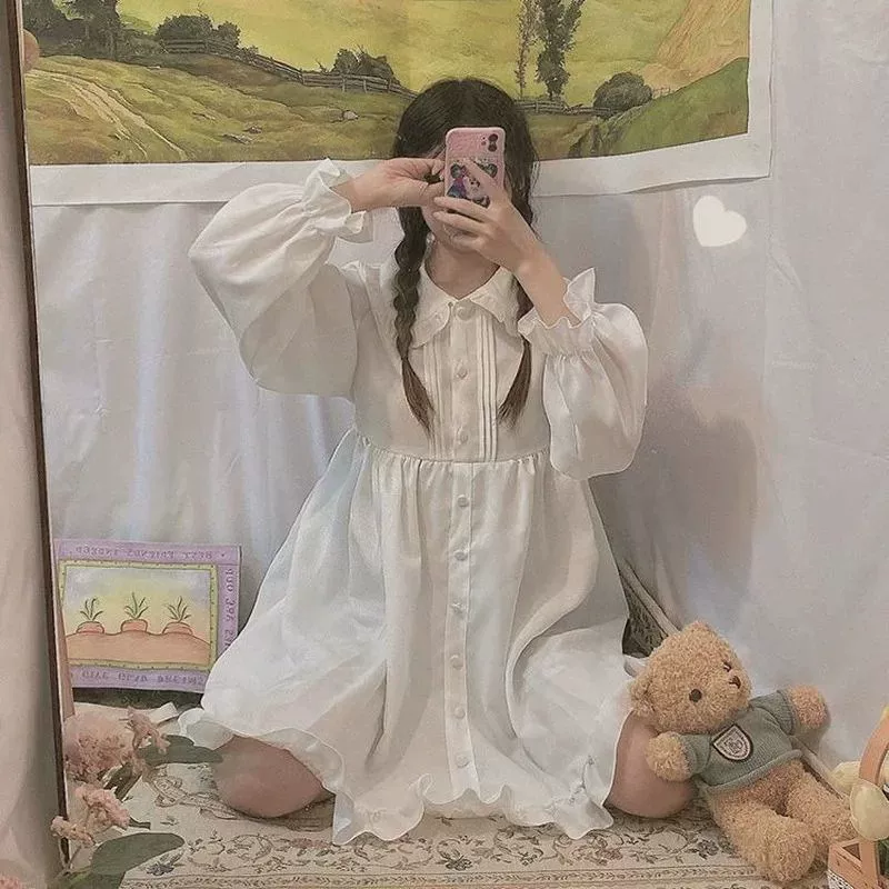 [Женское летнее весеннее платье белое/черное с длинным рукавом в стиле Lolita]
