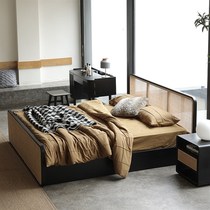 Black floor-standing rattan bed Nordic solid wood bed retro rattan small twin bed master bedroom 1 8 meters B&B bed