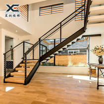 Overall double-beam steel-wood staircase jump-level European p-style duplex indoor loft simple straight beam custom loft staircase DIY