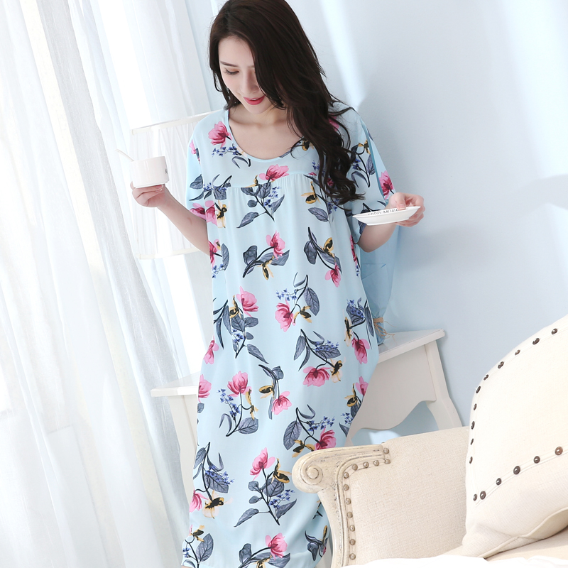 Yiban mùa hè cotton lụa thanh niên đồ ngủ nữ rayon mẹ váy ngủ cotton lụa cộng với chất béo kích thước lớn dịch vụ tại nhà mỏng - Đêm đầm