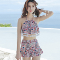 Swimsuit women 2020 new split skirt style ins small breasts gathered high waist floral hipster bikini three-piece