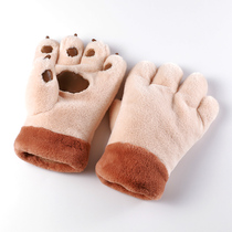 Fashion Big Bear Claw cute soft rabbit hair thickened warm plus velvet cycling gloves winter Korean hanging neck men and women