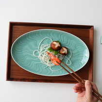 12-inch ceramic Home Steamed Fish Dishes GREEN GLAZED GREEN PORCELAIN OVAL CHINESE CREATIVE LONG DISH SAUCER DISH