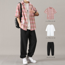 Short-sleeved shirt boys summer casual plaid jacket Port wind Ruffian handsome suit trend mens wear a set with handsome