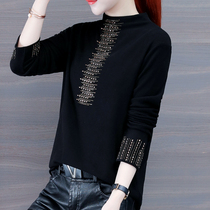2021 womens autumn new semi-high collar hot diamond foreign-style base shirt with slim-fit Foreign-style versatile long-sleeved shirt is thin